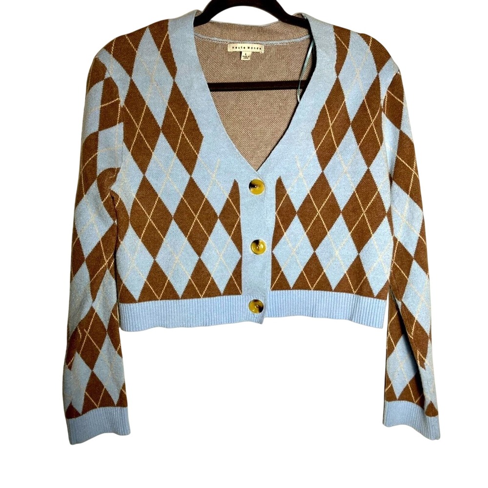 Y2K SWEATER Haute Monde Women's Argyle Cardigan Cropped‎ Sweater L Long Sleeve